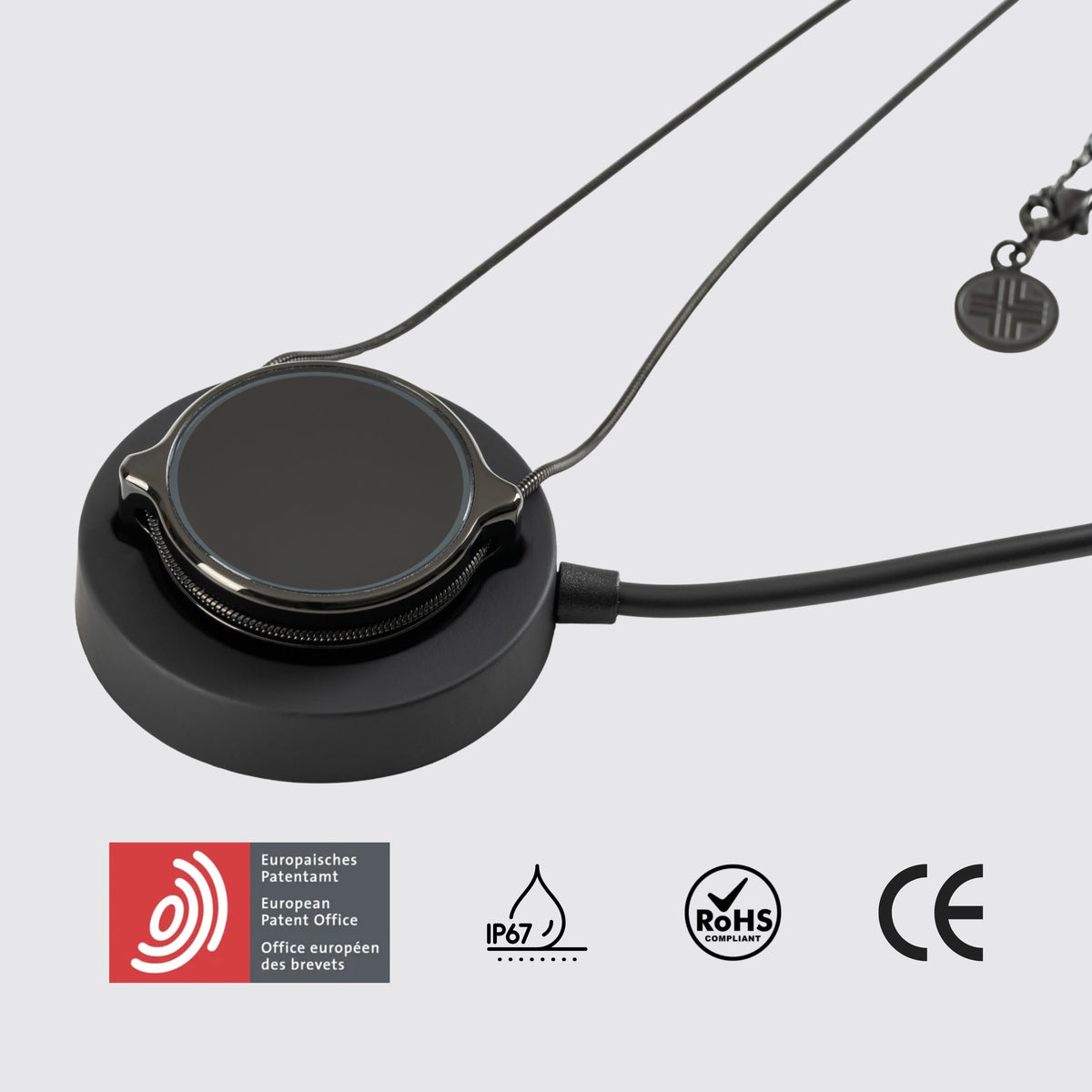 ThymusSmart® V2 Pro Schwarz mit Ladepad, Patentsiegel und IP67, RoHS, CE Symbolen