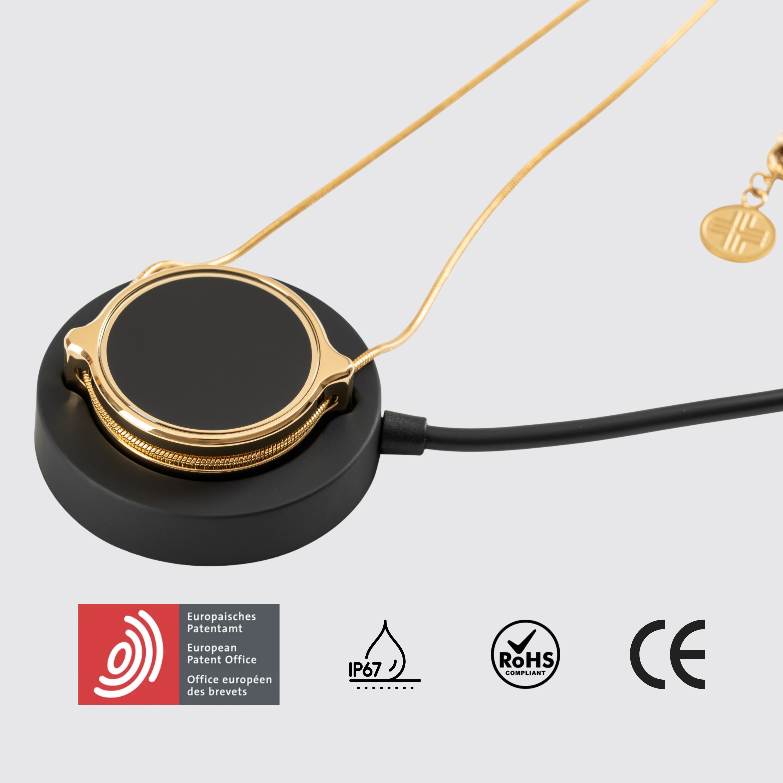 ThymusSmart® V2 Pro Gold mit Ladepad, Patentsiegel und IP67, RoHS, CE Symbolen