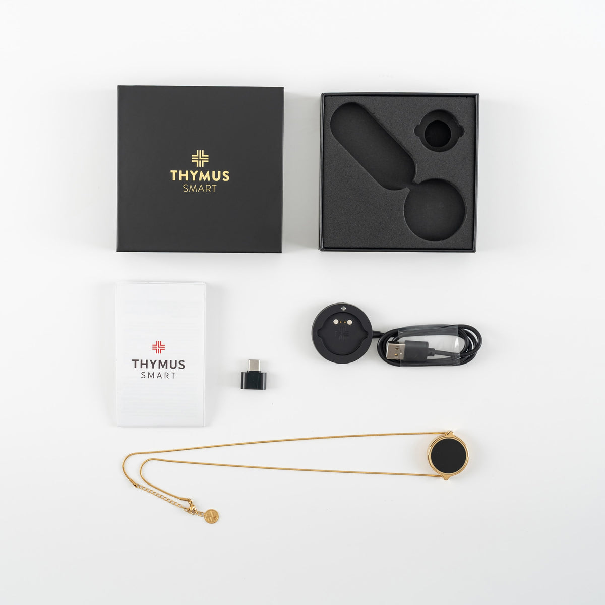 Lieferumfang ThymusSmart® V2 Pro Gold – Pendant, Kette, Ladepad, Adapter und Anleitung